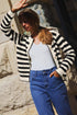 Gold-Tone Button Stripe Pattern Crew Neck Long Sleeve Knit Cardigan Sweater