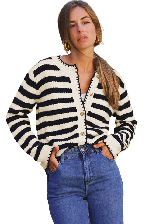 Gold-Tone Button Stripe Pattern Crew Neck Long Sleeve Knit Cardigan Sweater