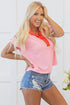 Gossamer Pink Color Block Half Buttoned Ruffled Short Sleeve T Shirt