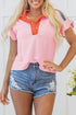 Gossamer Pink Color Block Half Buttoned Ruffled Short Sleeve T Shirt
