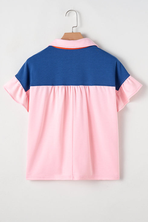 Gossamer Pink Color Block Half Buttoned Ruffled Short Sleeve T Shirt