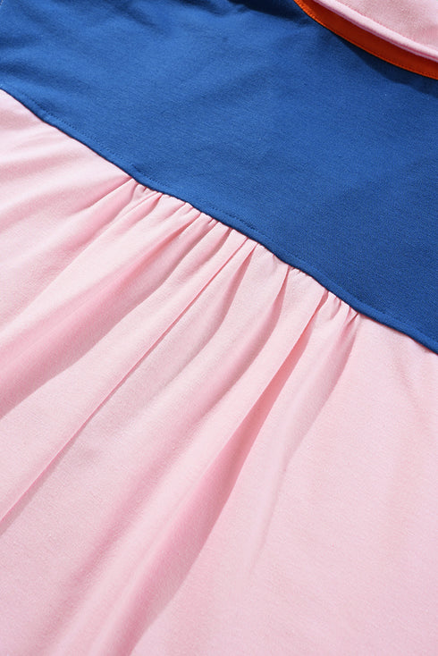 Gossamer Pink Color Block Half Buttoned Ruffled Short Sleeve T Shirt