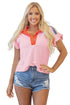 Gossamer Pink Color Block Half Buttoned Ruffled Short Sleeve T Shirt