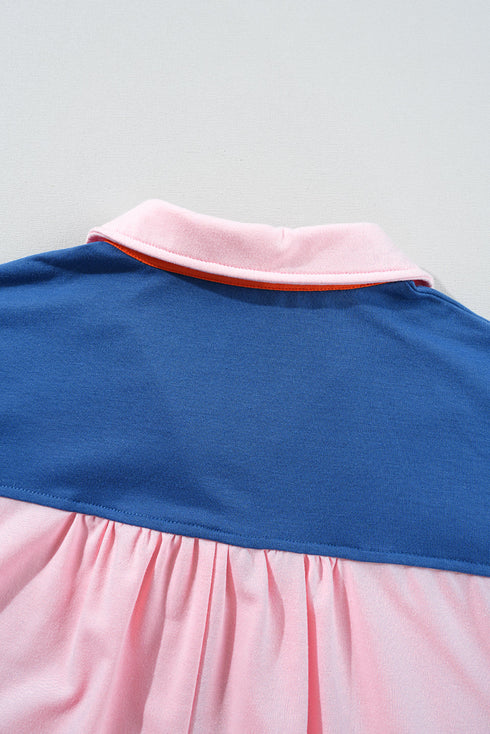 Gossamer Pink Color Block Half Buttoned Ruffled Short Sleeve T Shirt