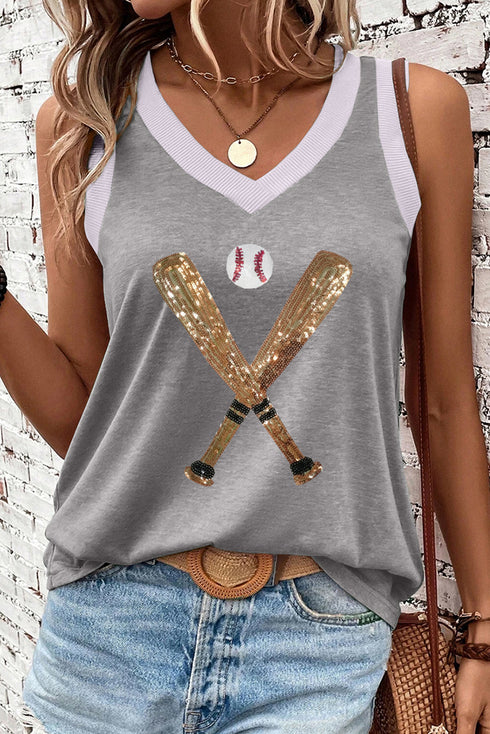 Grand Slam Glam Sequin Baseball Graphic Contrast Trim Tank