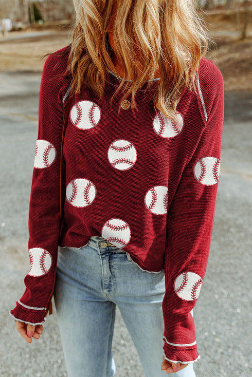 Grand Slam Style Baseball Print Waffle Knit Raglan Sleeve Top