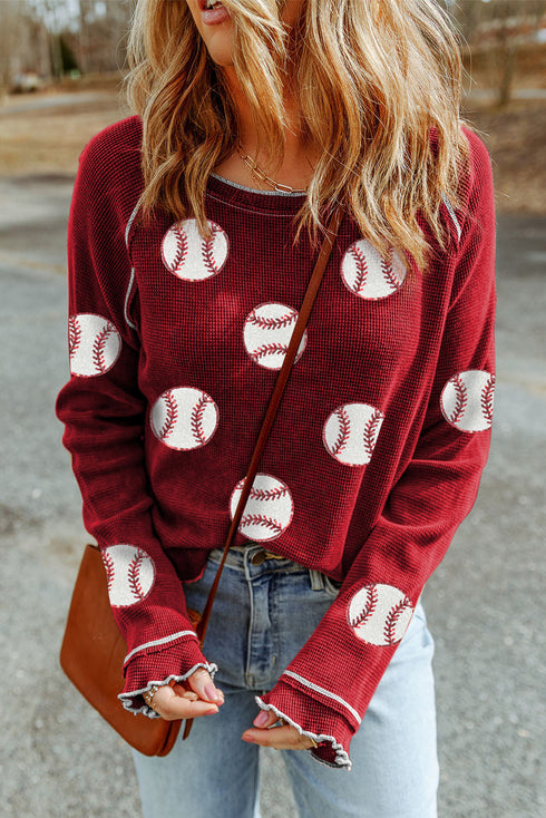 Grand Slam Style Baseball Print Waffle Knit Raglan Sleeve Top