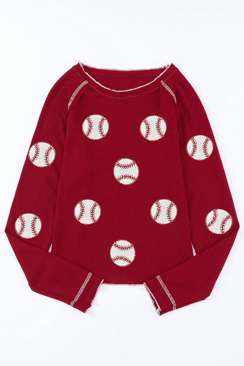 Grand Slam Style Baseball Print Waffle Knit Raglan Sleeve Top