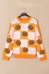 Grapefruit Orange Sequined Halloween Pumpkin Checkered Pattern Puff Sleeve Sweater