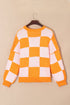 Grapefruit Orange Sequined Halloween Pumpkin Checkered Pattern Puff Sleeve Sweater