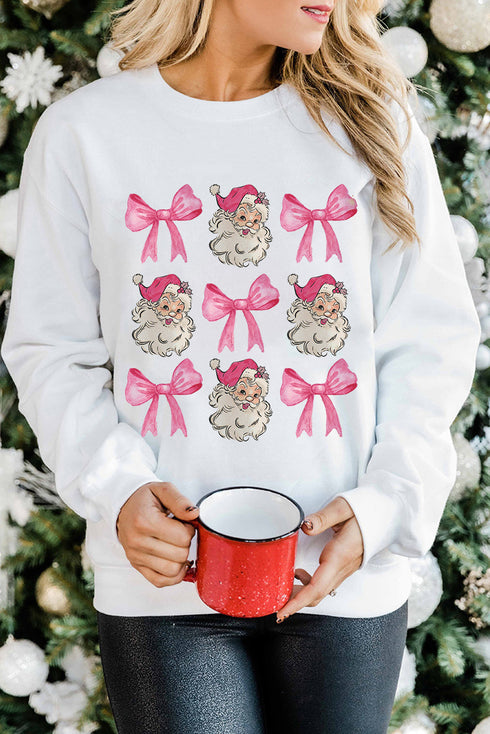 Graphic Bow And Santa Print Crew Neck Sweatshirt