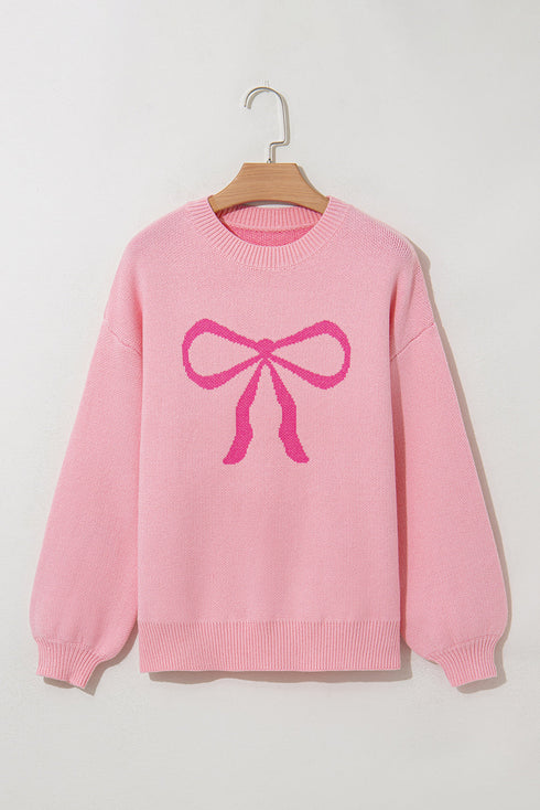 Graphic Bow Drop Shoulder Relaxed Fit Crewneck Sweater