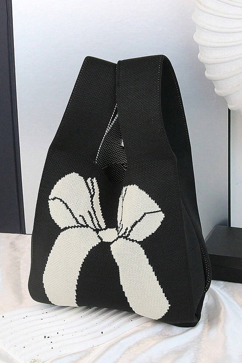 Graphic Bow Pattern Knitted Double Handle Tote Bag