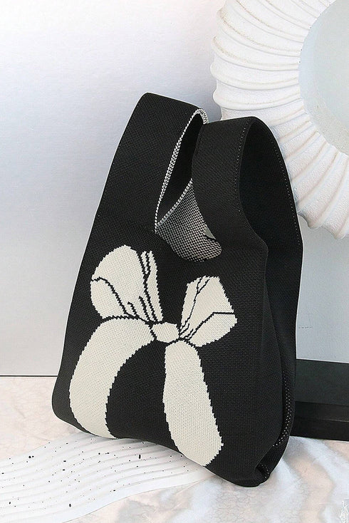 Graphic Bow Pattern Knitted Double Handle Tote Bag