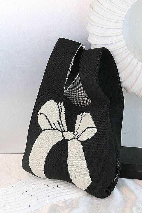 Graphic Bow Pattern Knitted Double Handle Tote Bag