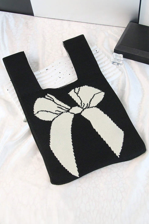 Graphic Bow Pattern Knitted Double Handle Tote Bag