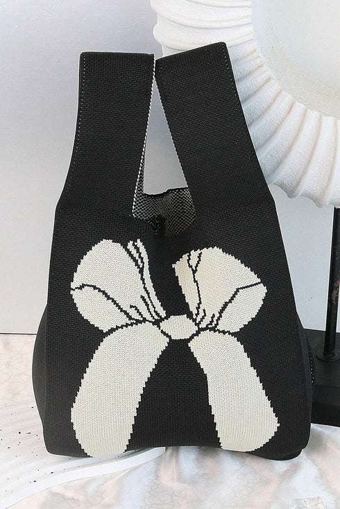 Graphic Bow Pattern Knitted Double Handle Tote Bag
