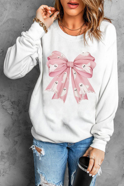 Graphic Bow Print Oversized Crewneck Pullover Sweatshirt