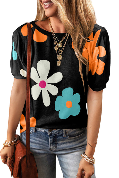 Graphic Bow Print Puff Sleeve Casual Top