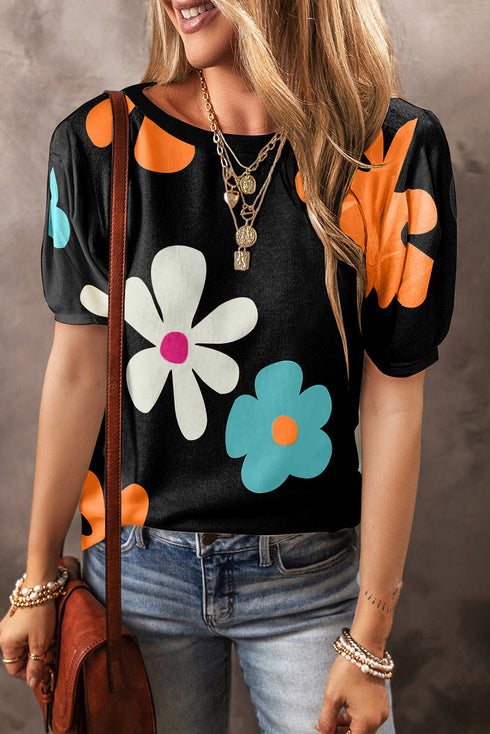 Graphic Bow Print Puff Sleeve Casual Top