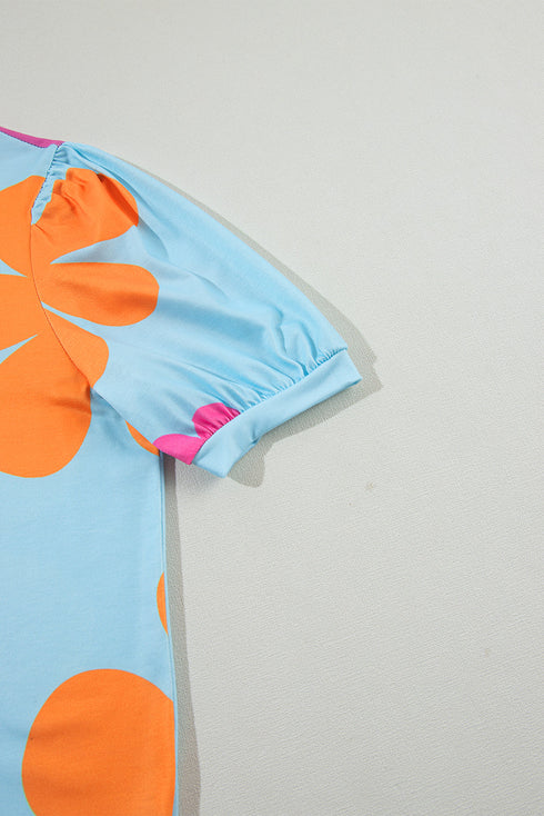 Graphic Bow Print Puff Sleeve Casual Top