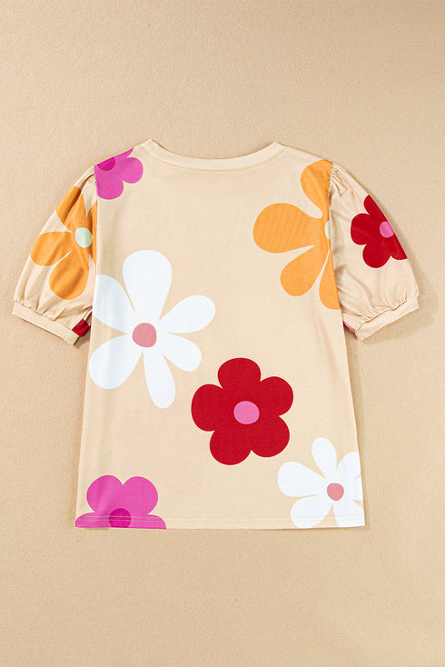 Graphic Bow Print Puff Sleeve Casual Top
