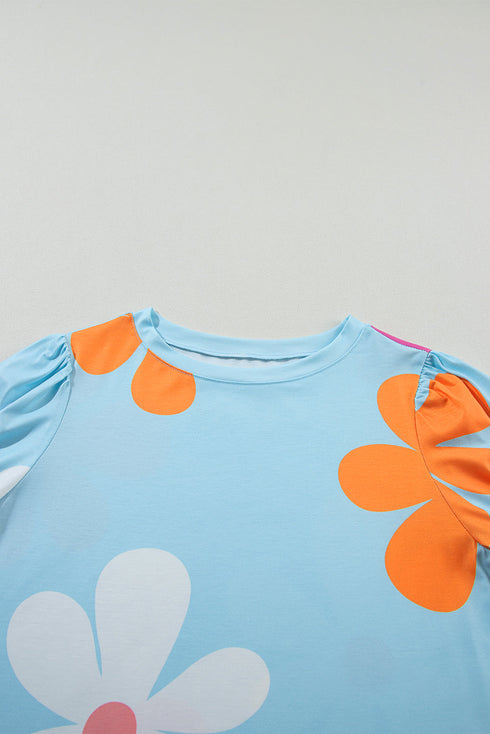 Graphic Bow Print Puff Sleeve Casual Top