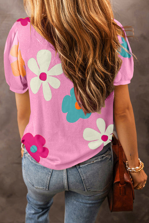 Graphic Bow Print Puff Sleeve Casual Top
