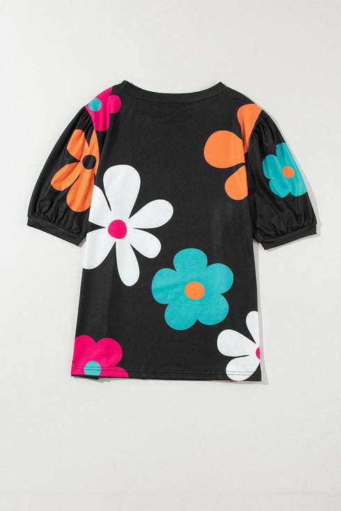 Graphic Bow Print Puff Sleeve Casual Top