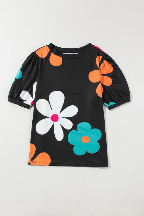 Graphic Bow Print Puff Sleeve Casual Top
