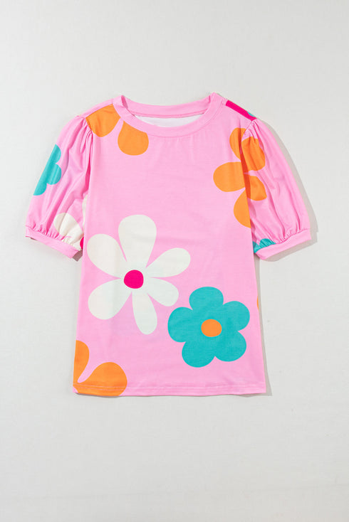 Graphic Bow Print Puff Sleeve Casual Top