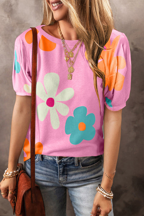 Graphic Bow Print Puff Sleeve Casual Top