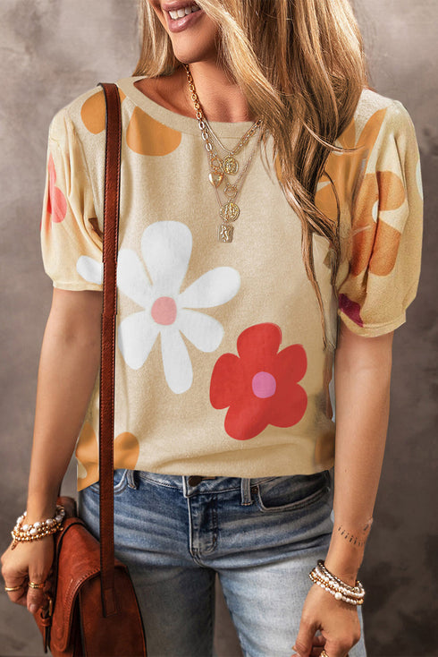 Graphic Bow Print Puff Sleeve Casual Top