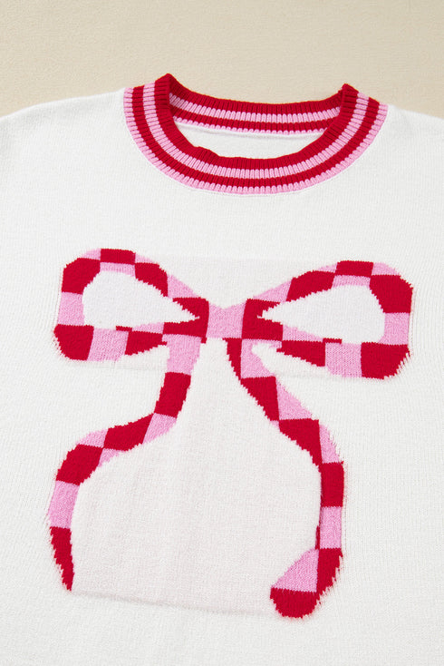 Graphic Bow Print Ribbed Trim Pullover Sweater