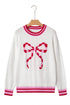 Graphic Bow Print Ribbed Trim Pullover Sweater