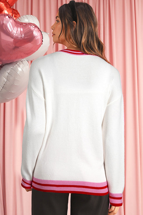Graphic Bow Print Ribbed Trim Pullover Sweater