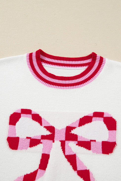 Graphic Bow Print Ribbed Trim Pullover Sweater