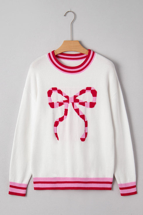 Graphic Bow Print Ribbed Trim Pullover Sweater