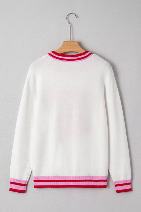 Graphic Bow Print Ribbed Trim Pullover Sweater
