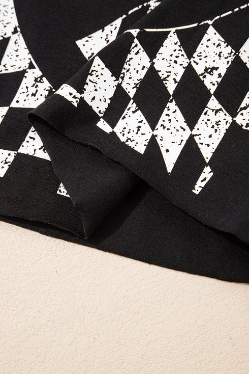 Graphic Checkerboard Peace Sign Print Round Neck Oversized Tee