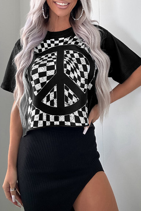 Graphic Checkerboard Peace Sign Print Round Neck Oversized Tee