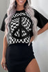 Graphic Checkerboard Peace Sign Print Round Neck Oversized Tee