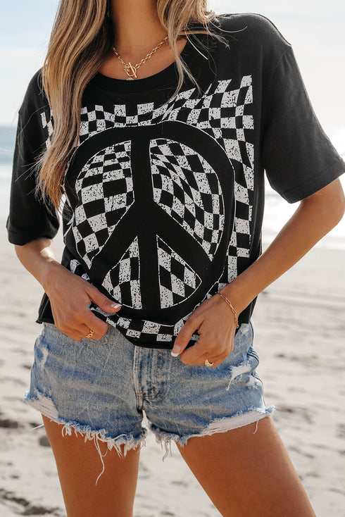 Graphic Checkerboard Peace Sign Print Round Neck Oversized Tee