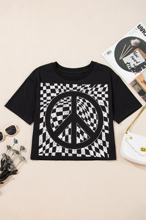 Graphic Checkerboard Peace Sign Print Round Neck Oversized Tee