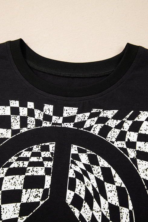 Graphic Checkerboard Peace Sign Print Round Neck Oversized Tee