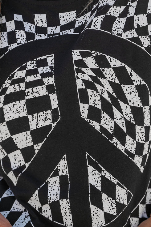 Graphic Checkerboard Peace Sign Print Round Neck Oversized Tee