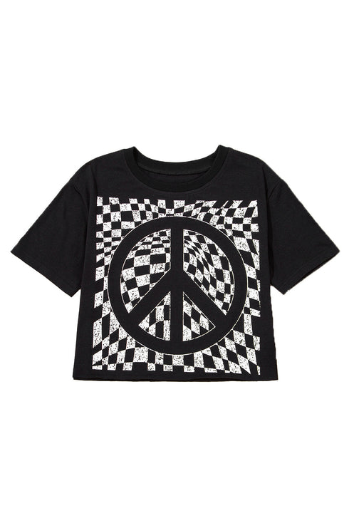Graphic Checkerboard Peace Sign Print Round Neck Oversized Tee