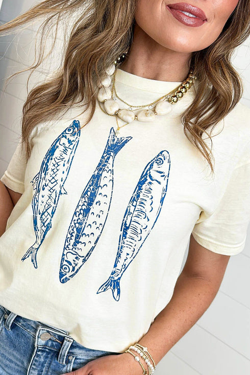 Graphic Fish Print Short Sleeve Round Neck Top