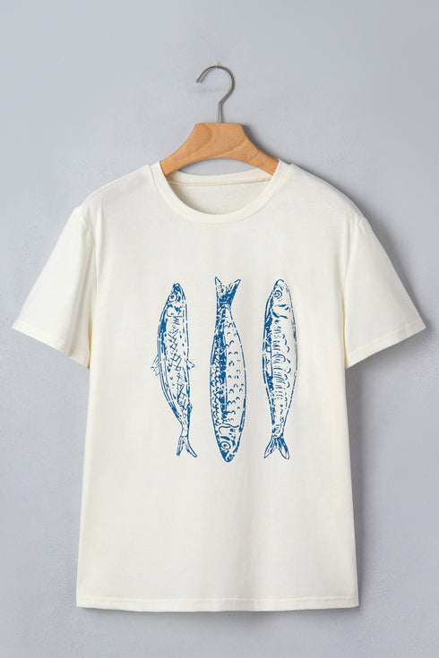 Graphic Fish Print Short Sleeve Round Neck Top