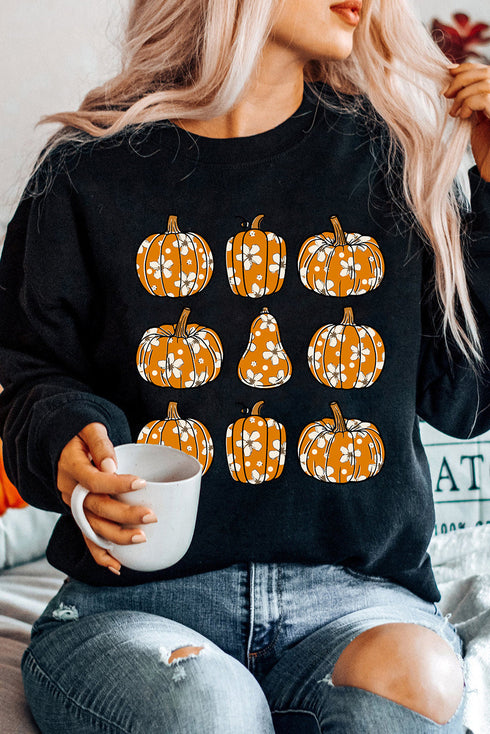 Graphic Floral Pumpkin Crew Neck Pullover Sweatshirt